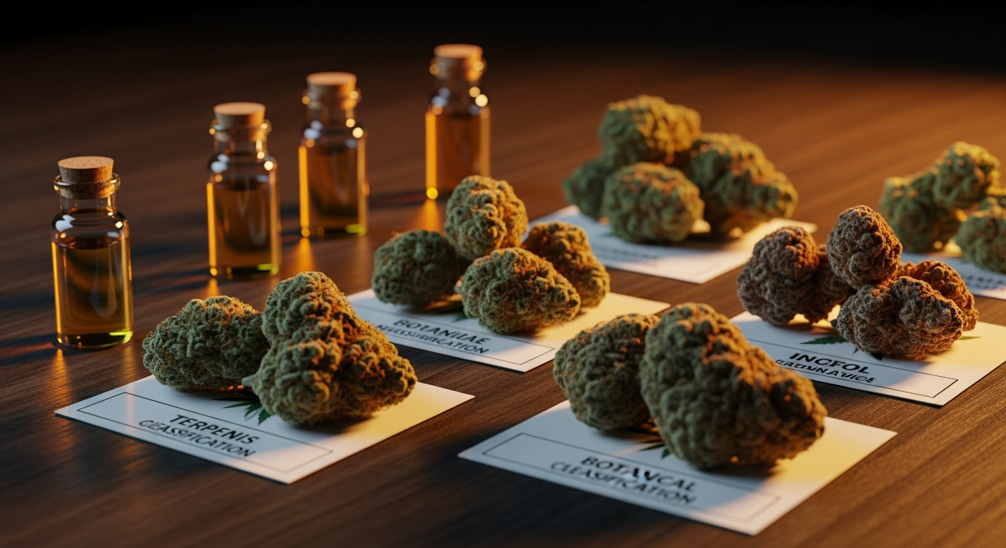 Variétés de fleurs de chanvre CBD disposées par profil terpénique et type génétique